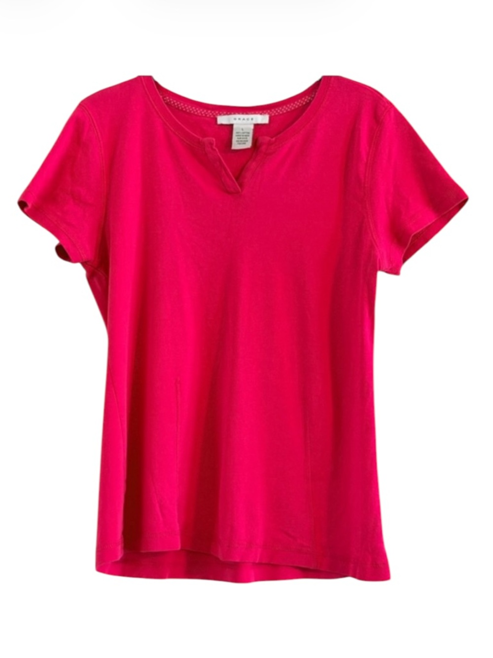 Grace 100% Cotton Fuchsia Magenta Split V-Neck Short Sleeve Knit Top L
